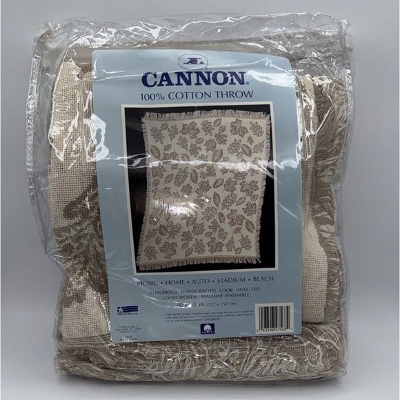 Vtg Cannon Cotton Throw Blanket 50x60in Beige Leaves Nature NOS Woven USA - Picture 9 of 12